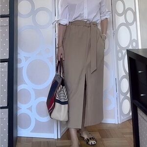 Belted Cream-Tan Midi Skirt with Front Slit
